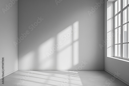 Empty room with a large window casting a shadow on the floor.