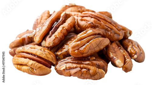 A bunch of caramel-coated pecans with a transparent background.
