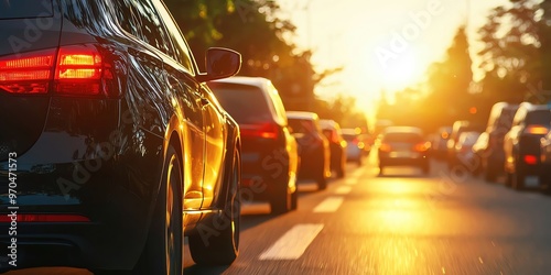 A sunset view with cars on a busy road, showcasing urban life and evening traffic in a warm, golden light.