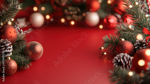 Festive Christmas design featuring holiday banner, ornaments, and pine branches, creating warm and joyful atmosphere perfect for season