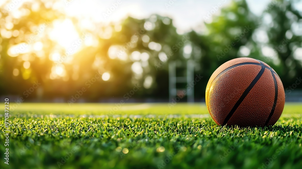 A vibrant basketball resting on green grass under a warm sun, capturing the essence of outdoor sports and playful moments. A vibrant basketball resting on green grass under a warm sun, capturing the essence of outdoor sports and playful moments.