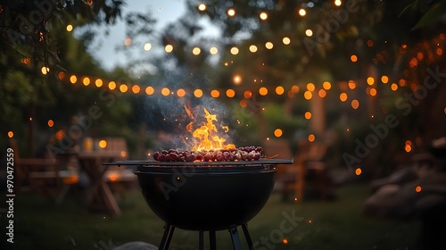 A backyard party at night, the grill's flames flickering, smoke blending with the glow of fireflies and string lights above