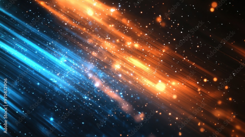 Fototapeta premium Abstract Blue and Orange Glowing Lines and Dust Particles Background