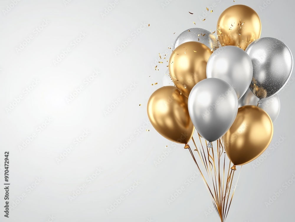 A cluster of gold and silver balloons on a white background with gold confetti. A cluster of gold and silver balloons on a white background with gold confetti.