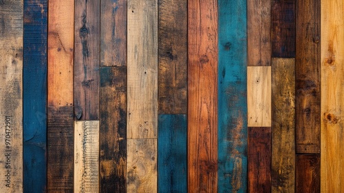 Rustic Wooden Wall Texture with Different Shades of Brown and Blue