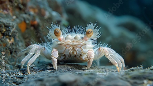 Yeti crab near hydrothermal vent, deep sea ecosystem: A yeti crab huddles near a hydrothermal vent in the deep sea, its hairy claws filtering nutrients from the scalding waters in this unique 