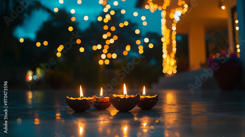 Diwali festival in India, houses are decorated with traditional oil lamps (diyas) and colorful lanterns, the dark night sky is filled with fireworks, Ai generated images photo