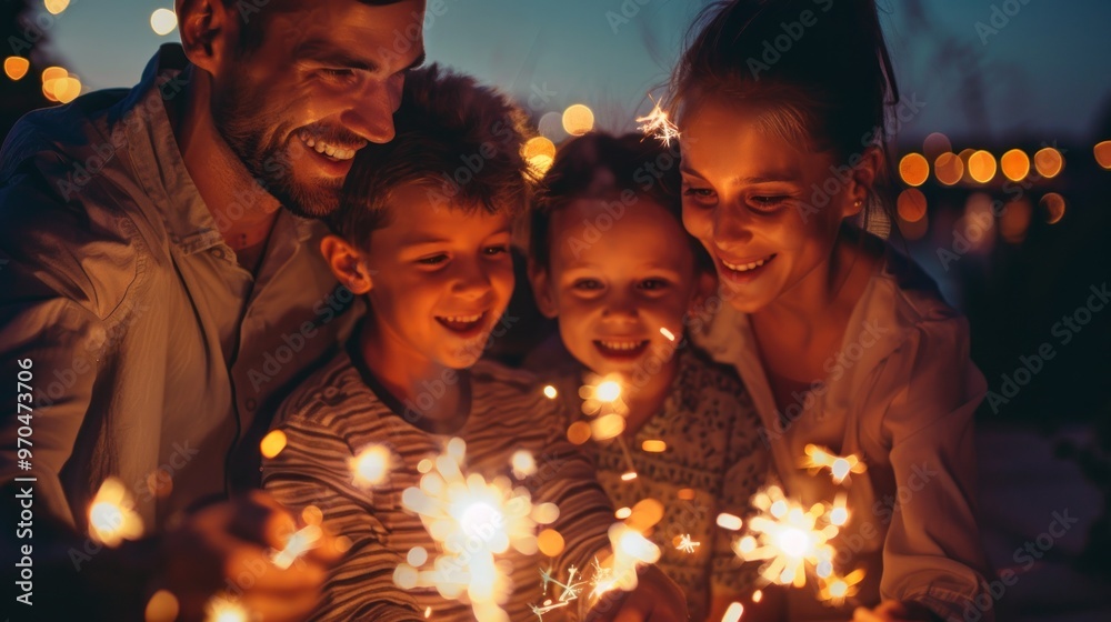 Fototapeta premium Happy family celebrating holidays and Christmas by burning fireworks in the dark AI generated images