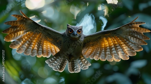 Colugo gliding between trees, nocturnal rainforest scene: A colugo glides silently between trees in the nocturnal rainforest, its wide, membranous wings allowing it to travel effortlessly through 
