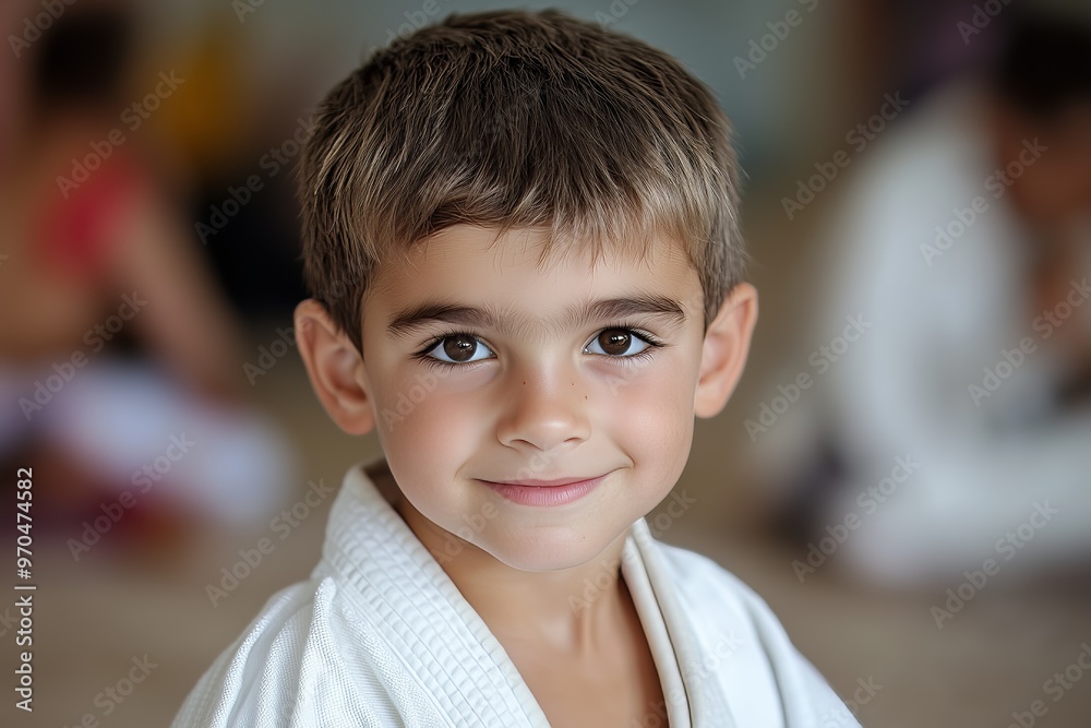 Portrait of a young boy smiling in a martial arts uniform, conveying happiness and confidence during training. Portrait of a young boy smiling in a martial arts uniform, conveying happiness and confidence during training.