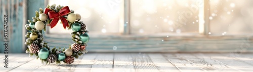 A Festive Holiday Wreath Adorned with Ornaments Glistens in a Cozy Winter Setting