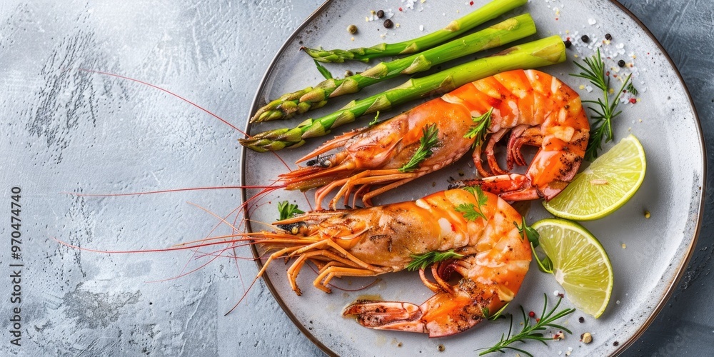 Φωτογραφία Dish of Three Prepared Large Shrimp Accompanied by Asparagus and Lime