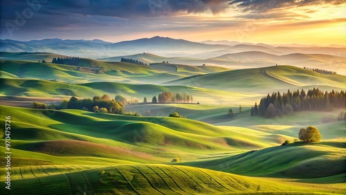 Tranquil scene of rolling hills bathed in soft dawn light