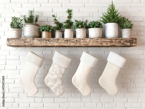 Festive 3D Rendering of Christmas Stockings Hanging on a Decorative Wall in a Cozy Holiday Setting