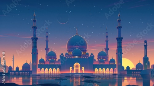 Wallpaper Mural Illustration of a beautiful mosque with beautiful moonlight AI generated image Torontodigital.ca