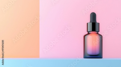 Serum dropper with glowing liquid and shimmering holographic particles, sleek futuristic packaging, minimalist design, soft pastel lighting