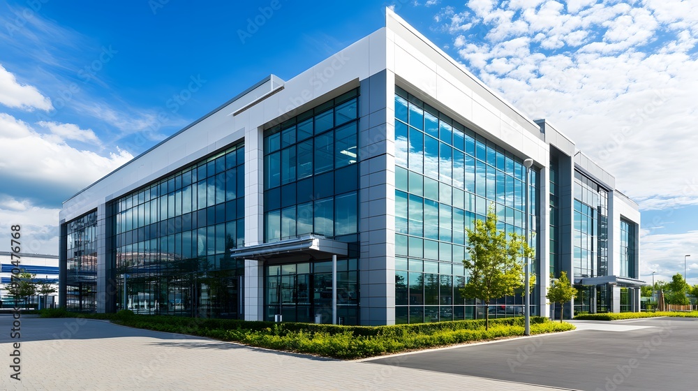 Modern Office Building with Glass Facade and Blue Sky Modern Office Building with Glass Facade and Blue Sky