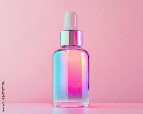 Serum bottle with glowing holographic particles, minimalist clean design, futuristic aesthetic, soft pastel background, luxury skincare