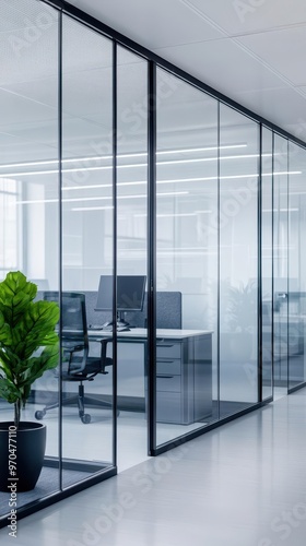 A modern office with glass partitions and a team collaborating on digital documents, office, glass partitions, digital documents