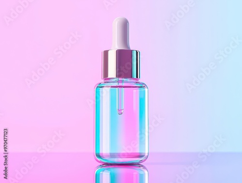 Futuristic holographic packaging with soft shimmer, skincare serum bottle on reflective surface, pastel pink and blue glow, high-tech design, luxury concept