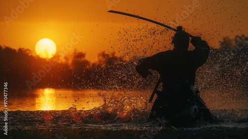 A samurai practicing swordsmanship in waters during a breathtaking sunset, creating an intense and dramatic scene. photo