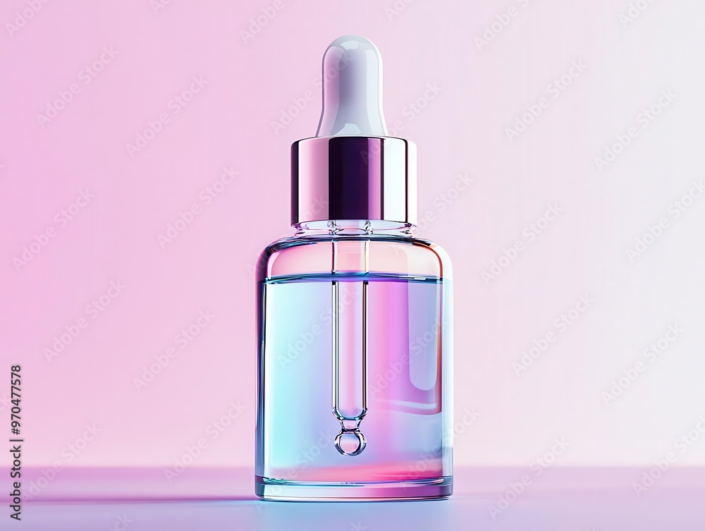 Delicate serum bottle with glowing holographic shimmer, sleek and modern design, surrounded by soft pastel bokeh, futuristic, clean skincare aesthetic Delicate serum bottle with glowing holographic shimmer, sleek and modern design, surrounded by soft pastel bokeh, futuristic, clean skincare aesthetic