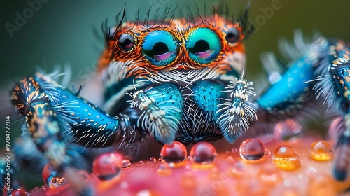 Jumping spider's eyes, extreme macro showing all 8 eyes: An extreme macro shot captures the intricate details of a jumping spider's eyes, showcasing all eight of its reflective, multi-faceted 