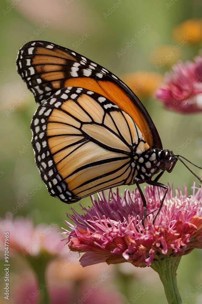 Detailed Close-Up of Monarch Butterfly on a Flower, Highlighting Its Graceful Wings Detailed Close-Up of Monarch Butterfly on a Flower, Highlighting Its Graceful Wings