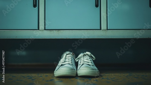 A pair of unbranded sports shoes under a locker room bench, emphasizing their use in team sports and athletic settings.
