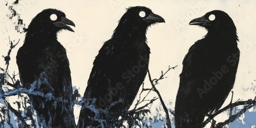 Three mysterious crows perched on a branch, silhouetted against a soft backdrop, evoking intrigue and nature's beauty.
