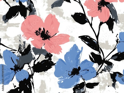 Vibrant floral pattern with pink and blue flowers on a textured background, perfect for textile and graphic design projects.