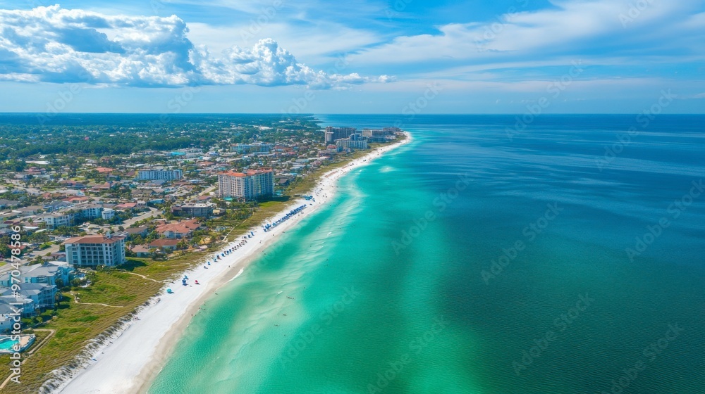 A panoramic aerial view of a coastal city with turquoise waters, sandy beaches, and a bustling downtown area. A panoramic aerial view of a coastal city with turquoise waters, sandy beaches, and a bustling downtown area.