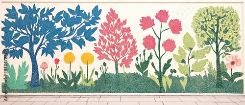 Vibrant wall mural featuring colorful trees and flowers, showcasing artistic nature decor for modern interior spaces.