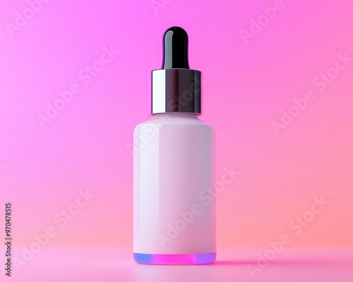 Serum bottle surrounded by soft shimmering holographic particles, futuristic packaging, clean lines, pastel neon background, high-tech skincare