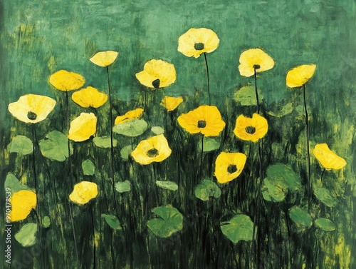 Vibrant yellow flowers bloom against a rich green backdrop, creating a striking and cheerful floral composition.