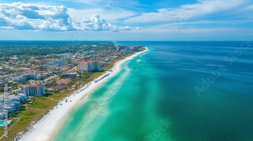 A panoramic aerial view of a coastal city with turquoise waters, sandy beaches, and a bustling downtown area.