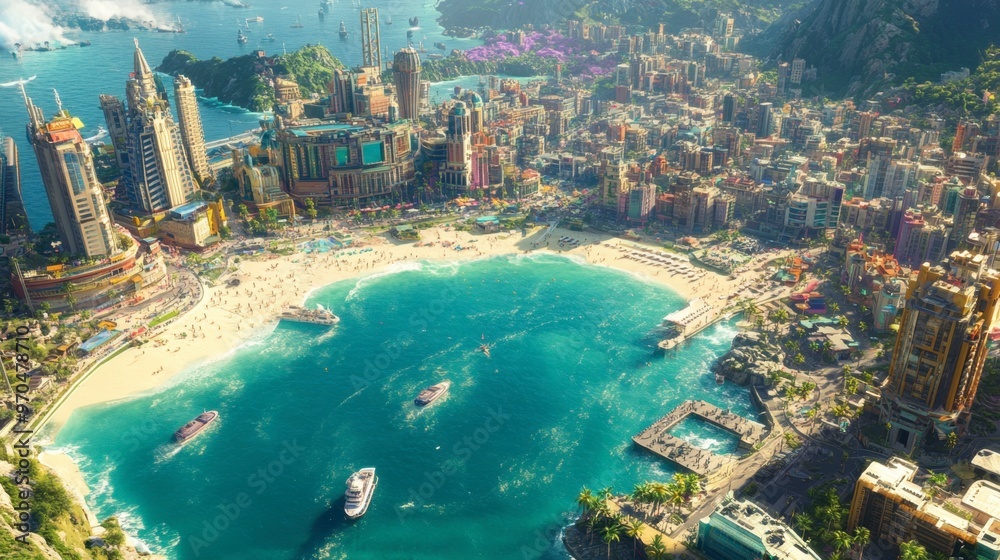Fototapeta premium A panoramic aerial view of a coastal city with turquoise waters, sandy beaches, and a bustling downtown area.