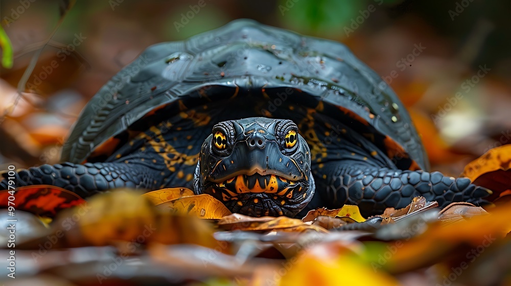 Obraz premium Mata mata turtle ambushing fish, camouflaged in leaf litter: A mata mata turtle lies camouflaged among the leaf litter, its unique, flat head blending seamlessly as it prepares to ambush an