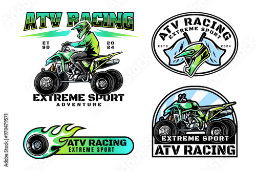 ATV rider and vehicle logo design for extreme sport. all terrain vehicle, off road 4x4 quad racing sign symbol modern logo. ATV helmet flag and tire fire flame sport emblem badge logo illustration