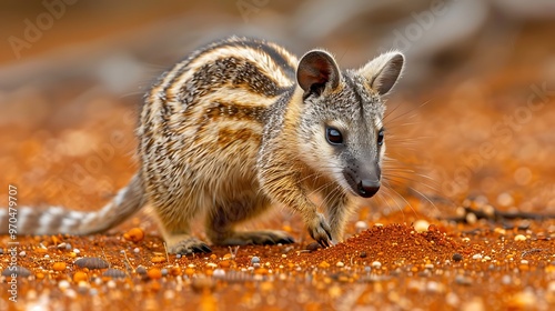 Numbat foraging for termites, Australian outback, long tongue visible: A numbat forages for termites in the Australian outback, its long, sticky tongue darting into the termite mound as it searches  photo