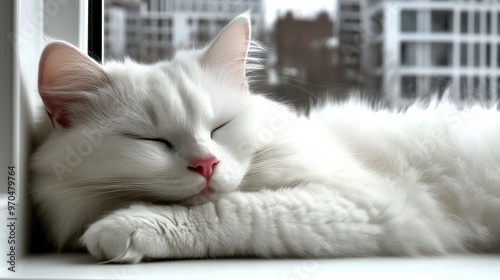 A cozy white cat sleeping peacefully on a windowsill during a snowy winter af...