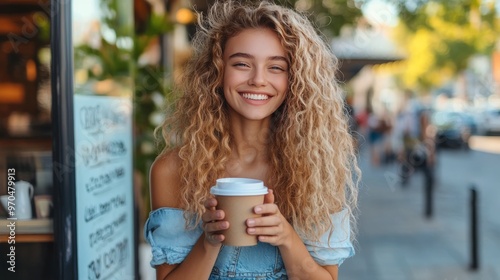 Young woman enjoying coffee outdoors at a cafe on a sunny day in a vibrant ur...