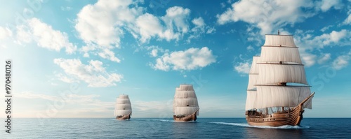 A historical re-enactment of Christopher Columbus s voyage, with ships sailing under the sky, historical re-enactment, Columbus voyage, ships photo