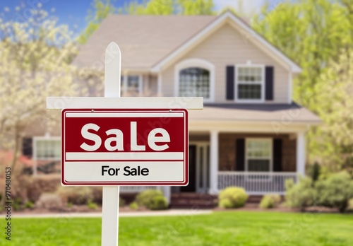 Charming two-story home with a for sale sign situated in a suburban neighborhood on a sunny day