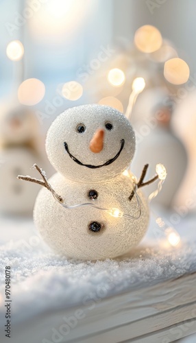 Festive Snowman Adorned with Garlands and Lights Standing in a Winter Wonderland Scene