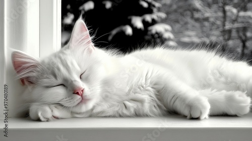 A cozy white cat sleeping peacefully on a windowsill during a snowy winter af...