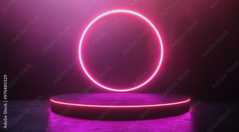 Neon pink circular light illuminates a display platform in a minimalistic studio setting