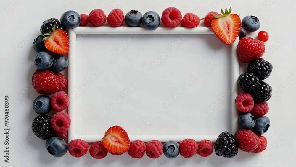 Summer berries arranged artistically around a white frame.