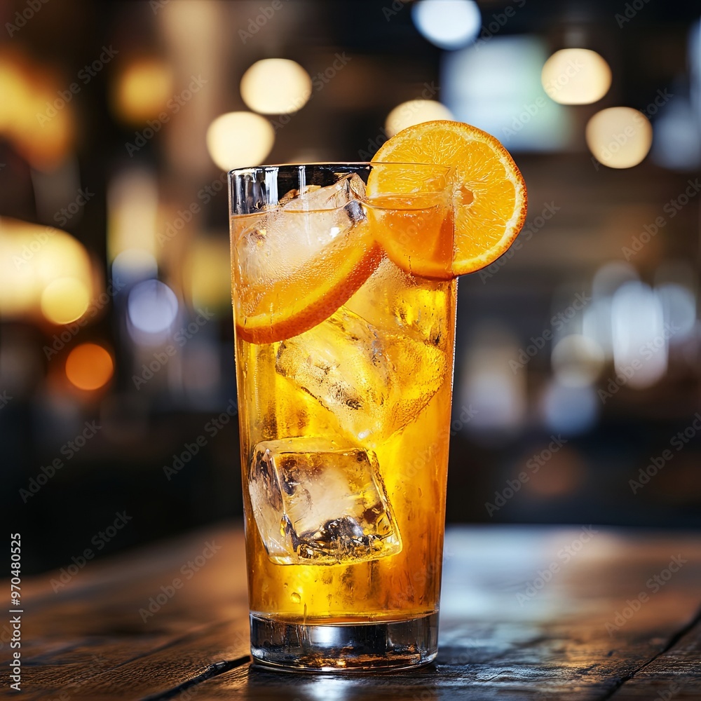 Cold summer alcohol cocktail with ice and orange in a tall glass on dark rustic wooden table on blurred restaurant background. Seasonal ice cold fruit drink. Web design copy space banner. Cold summer alcohol cocktail with ice and orange in a tall glass on dark rustic wooden table on blurred restaurant background. Seasonal ice cold fruit drink. Web design copy space banner.