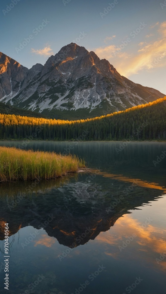 Sunrise reflected in a calm mountain lake, creating a tranquil scene. Sunrise reflected in a calm mountain lake, creating a tranquil scene.